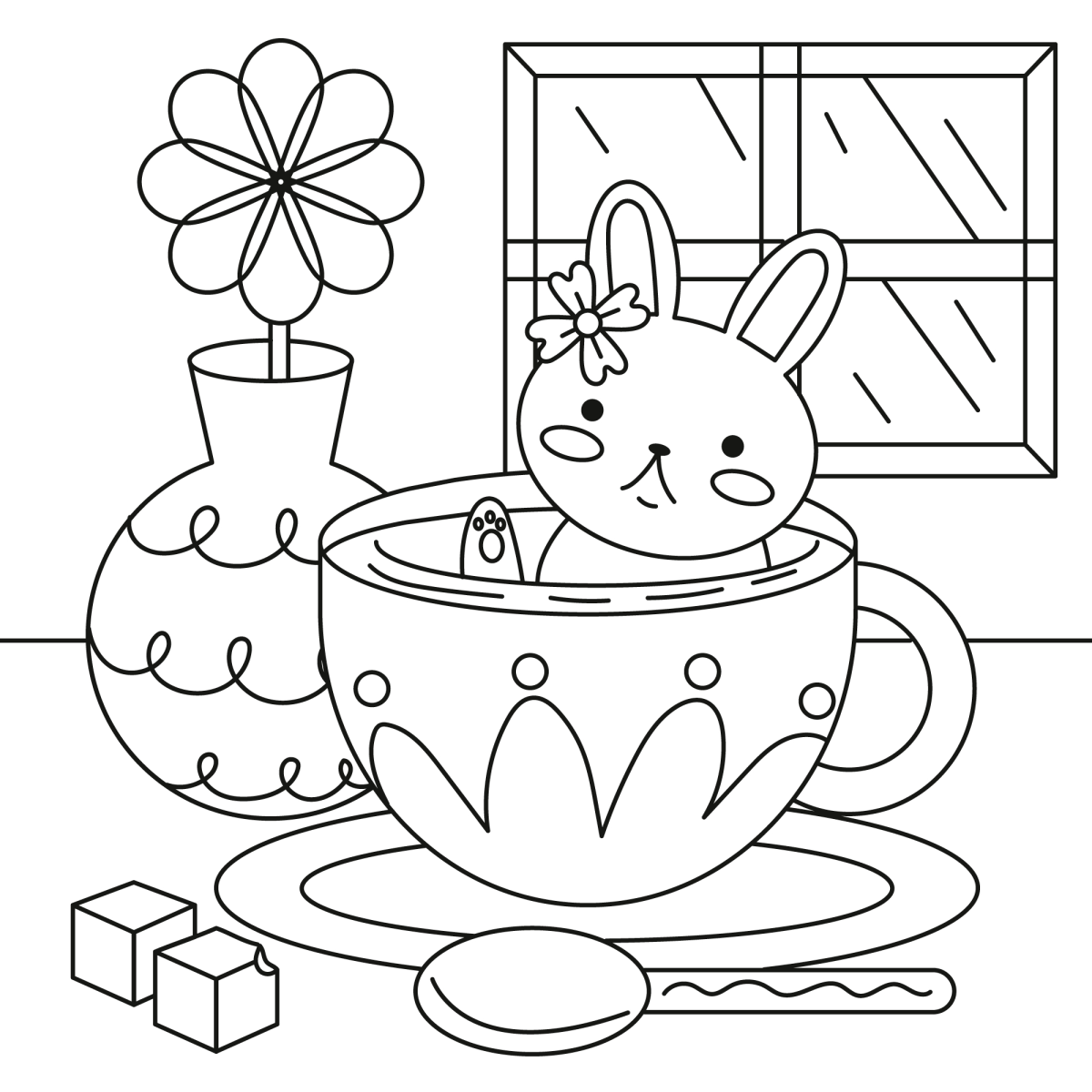 Coelhinho na janela com chocolate quente para colorir