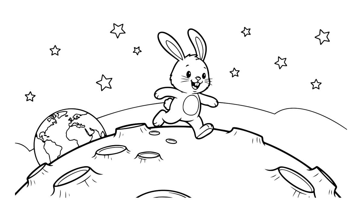 Coelho e tartaruga passeando na lua para colorir