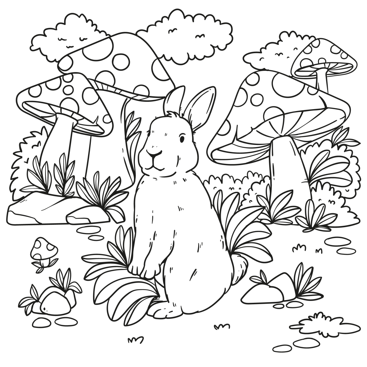 Coelho Encantado no Jardim dos Cogumelos