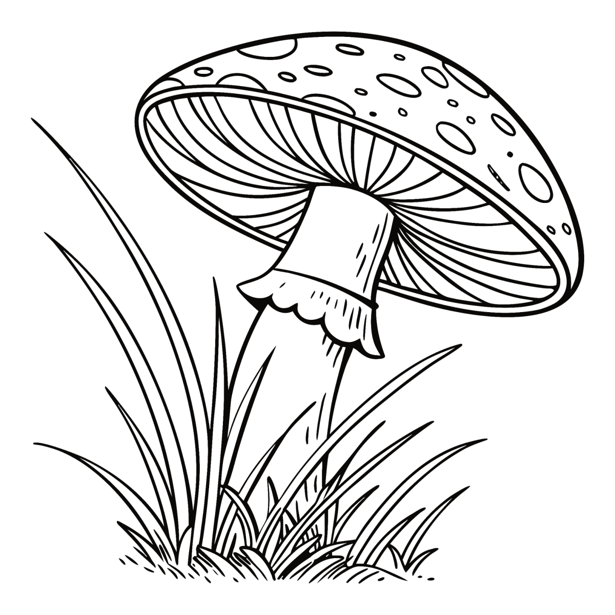Cogumelo alto entre folhas de capim para colorir