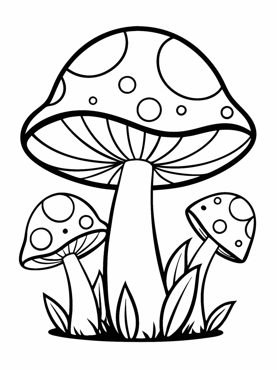 Cogumelo grande de bolinhas com dois cogumelinhos para colorir
