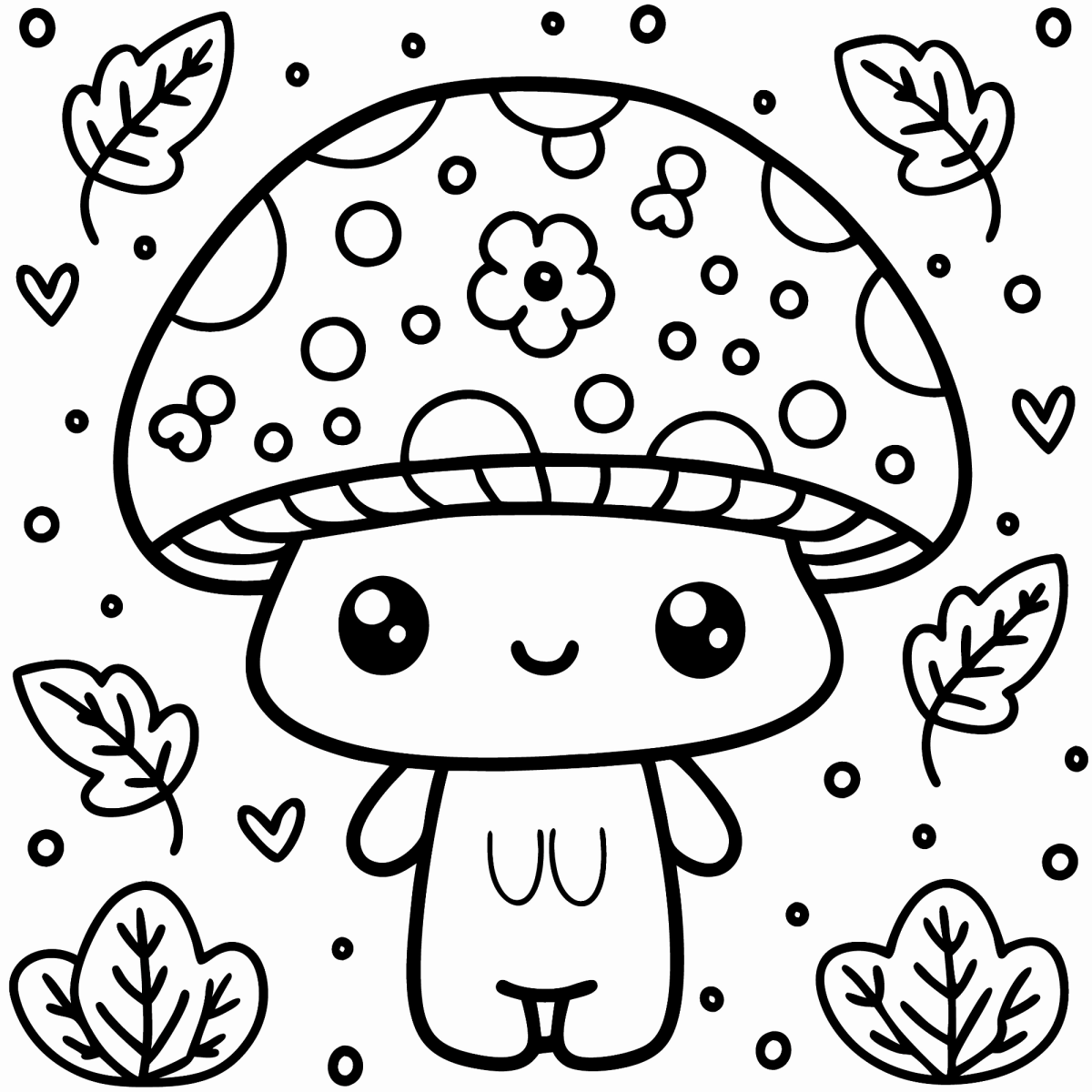 Cogumelo kawaii com flores e folhas ao redor para colorir