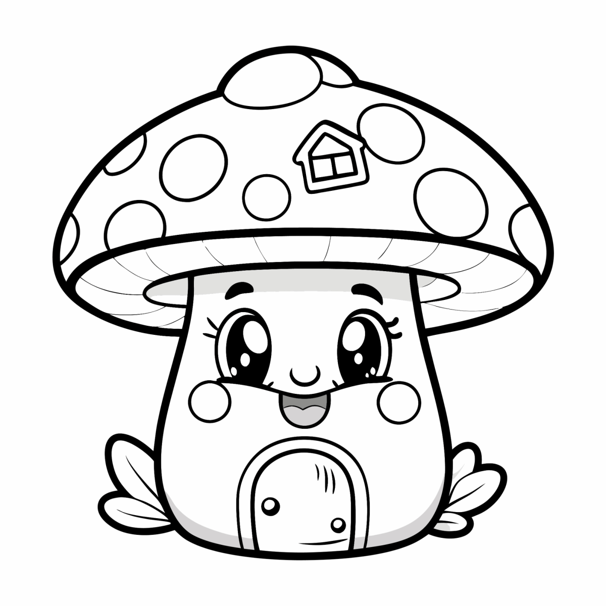 Cogumelo kawaii com janelinha e porta para colorir
