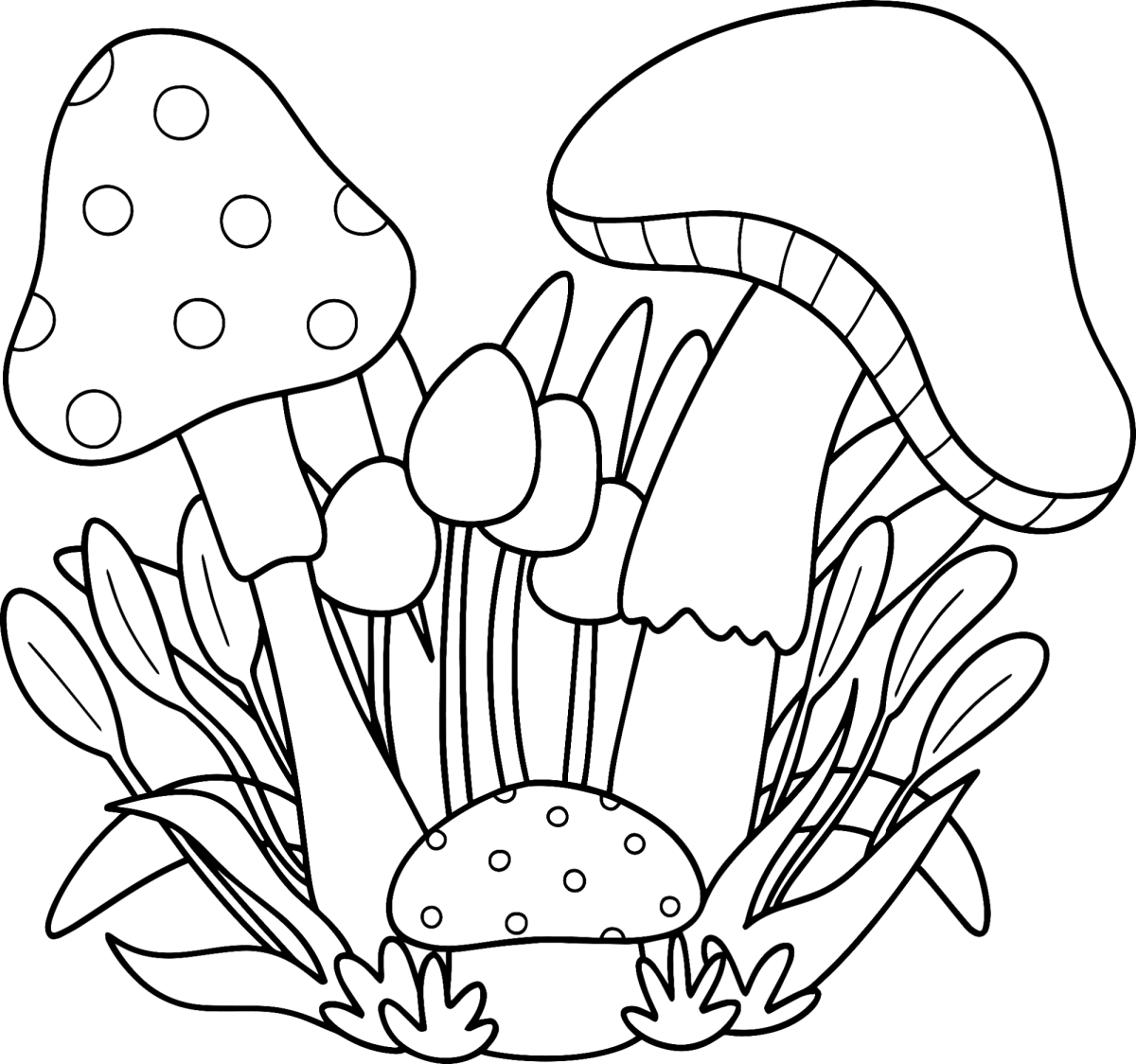 Cogumelos altos e finos com capim para colorir