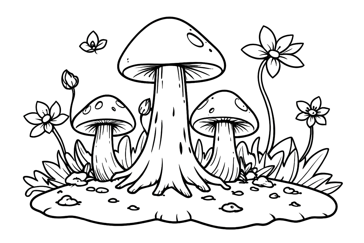Cogumelos com florzinhas e borboleta para colorir