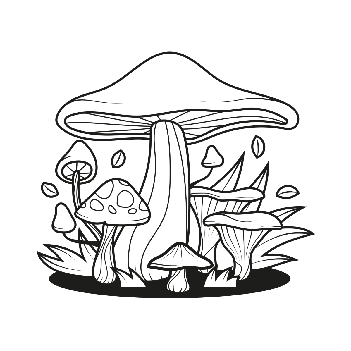 Cogumelos de chapéu largo com sombra para colorir