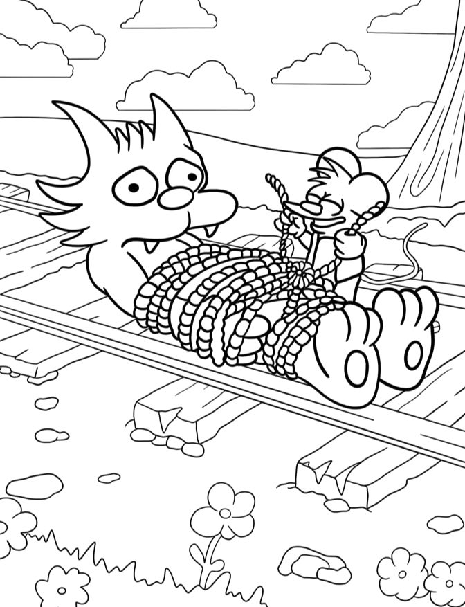 Comichão e Coçadinha nos trilhos do trem para colorir