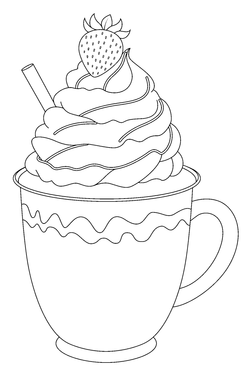 Copo de chocolate quente com chantilly e cereja para colorir