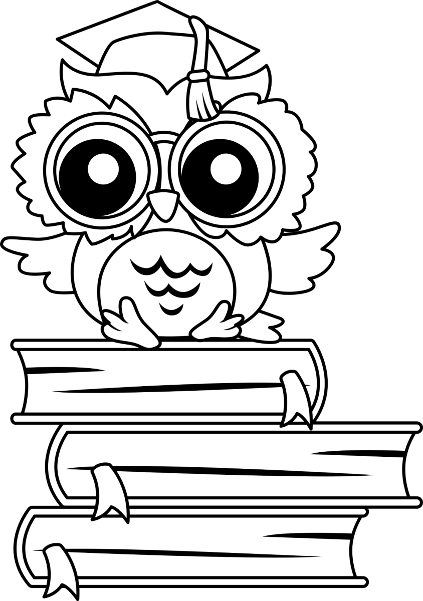 Coruja de óculos em cima de uma pilha de livros para colorir