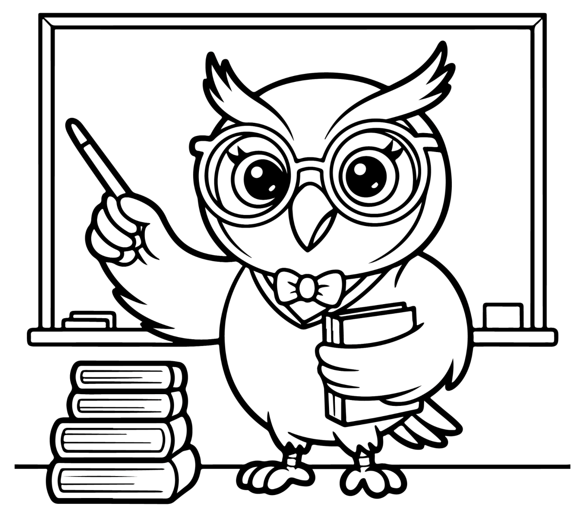 Coruja professora com apontador e livros para colorir