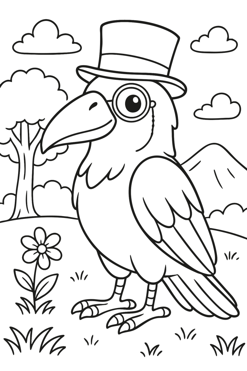 Corvo de cartola na floresta para colorir