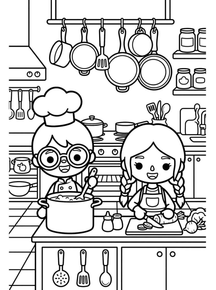 Cozinha do Toca Boca com chef e panelas para colorir