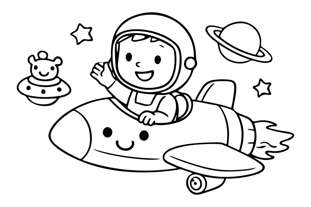 Criança astronauta no foguete com um alienígena para colorir