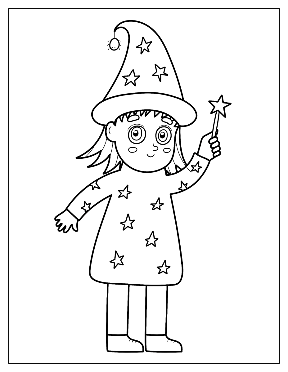 Criança fantasiada de mago com varinha de estrela para colorir