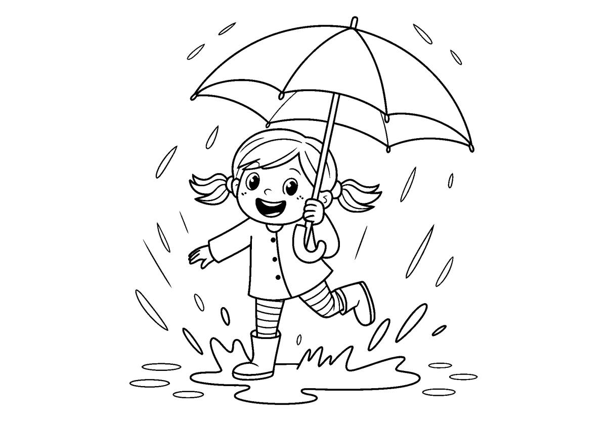 Criança pulando na poça com guarda-chuva para colorir