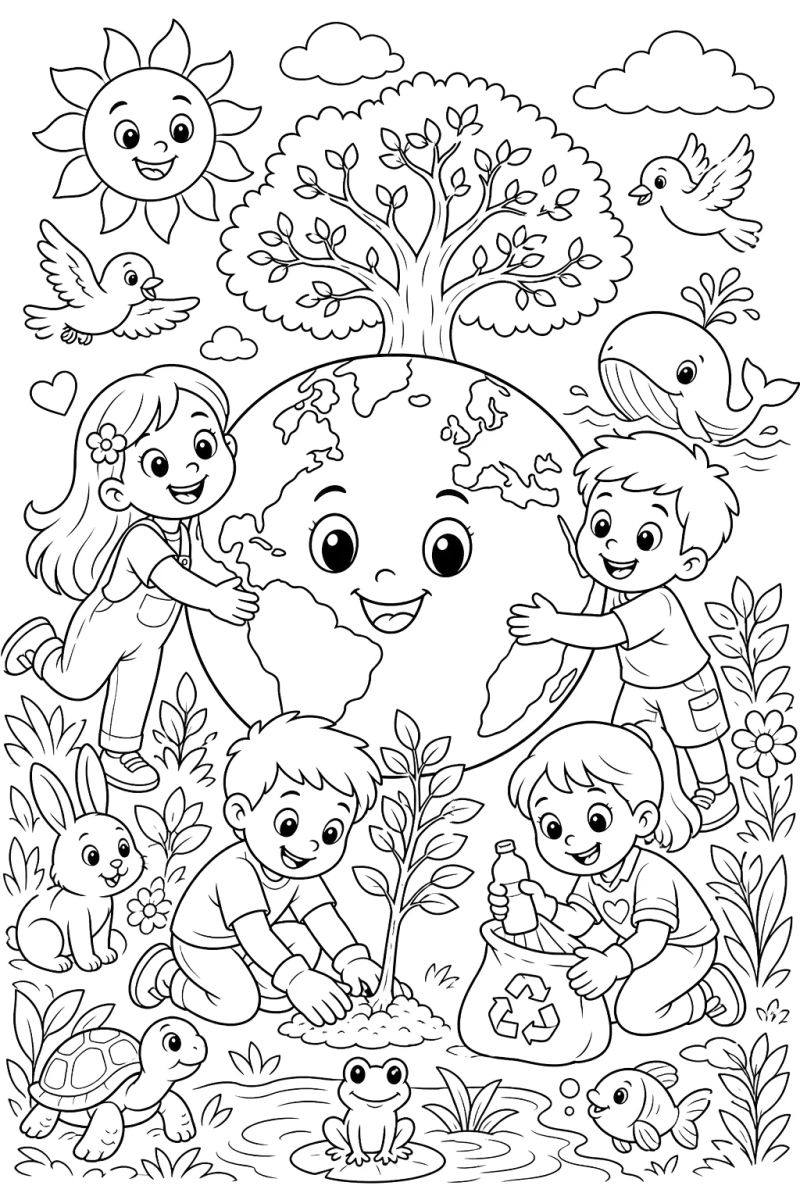 Crianças ao redor da árvore feliz para colorir