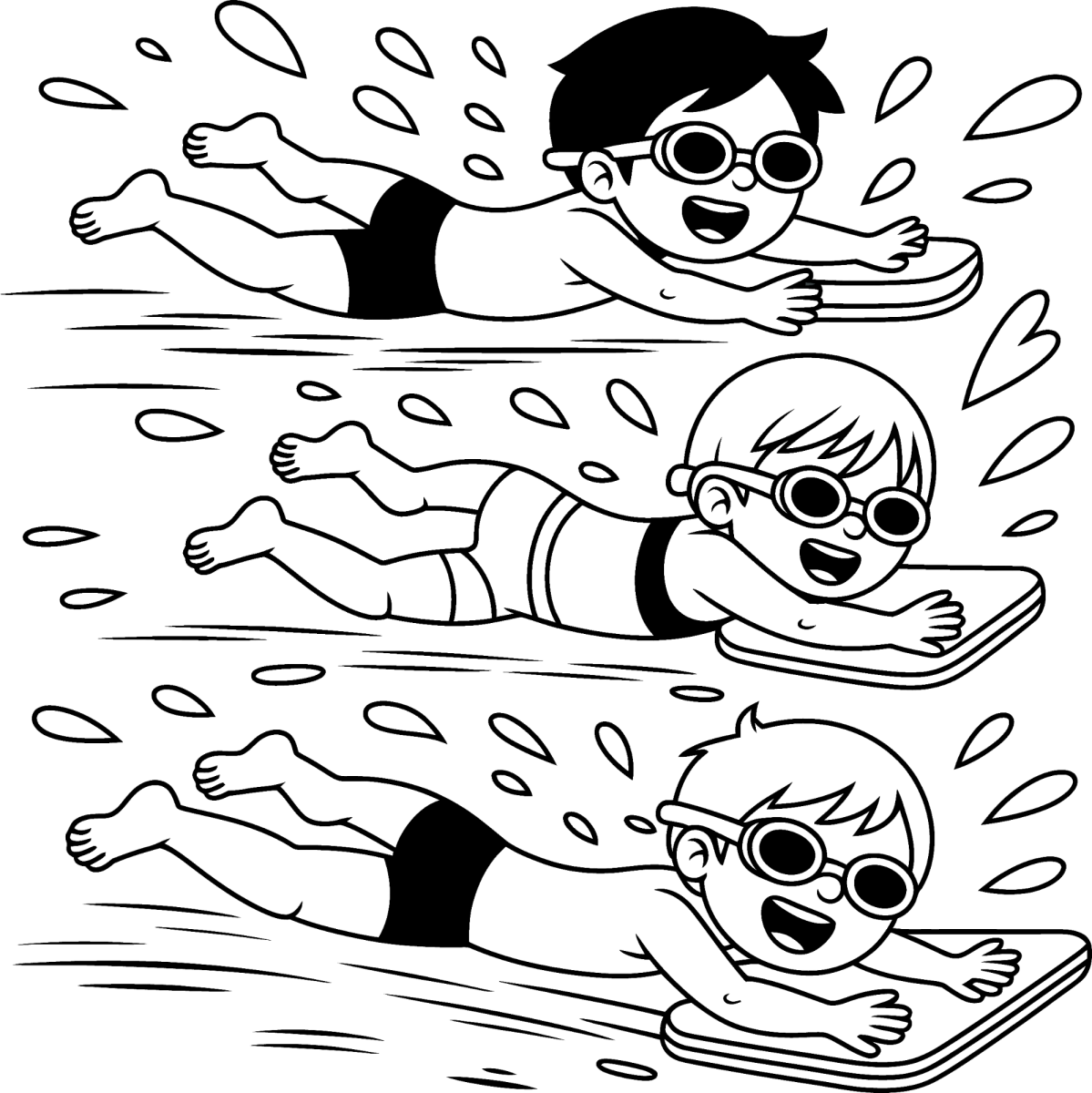 Crianças apostando corrida de natação para colorir