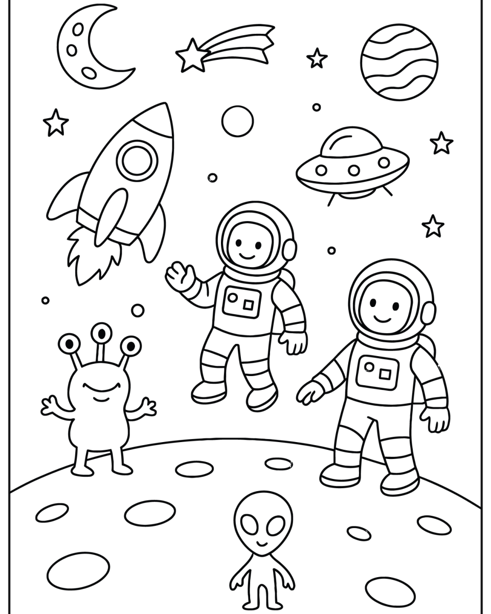 Crianças astronautas e um alienígena na lua para colorir