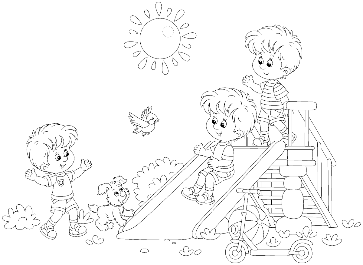 Crianças brincando no parque ensolarado para colorir