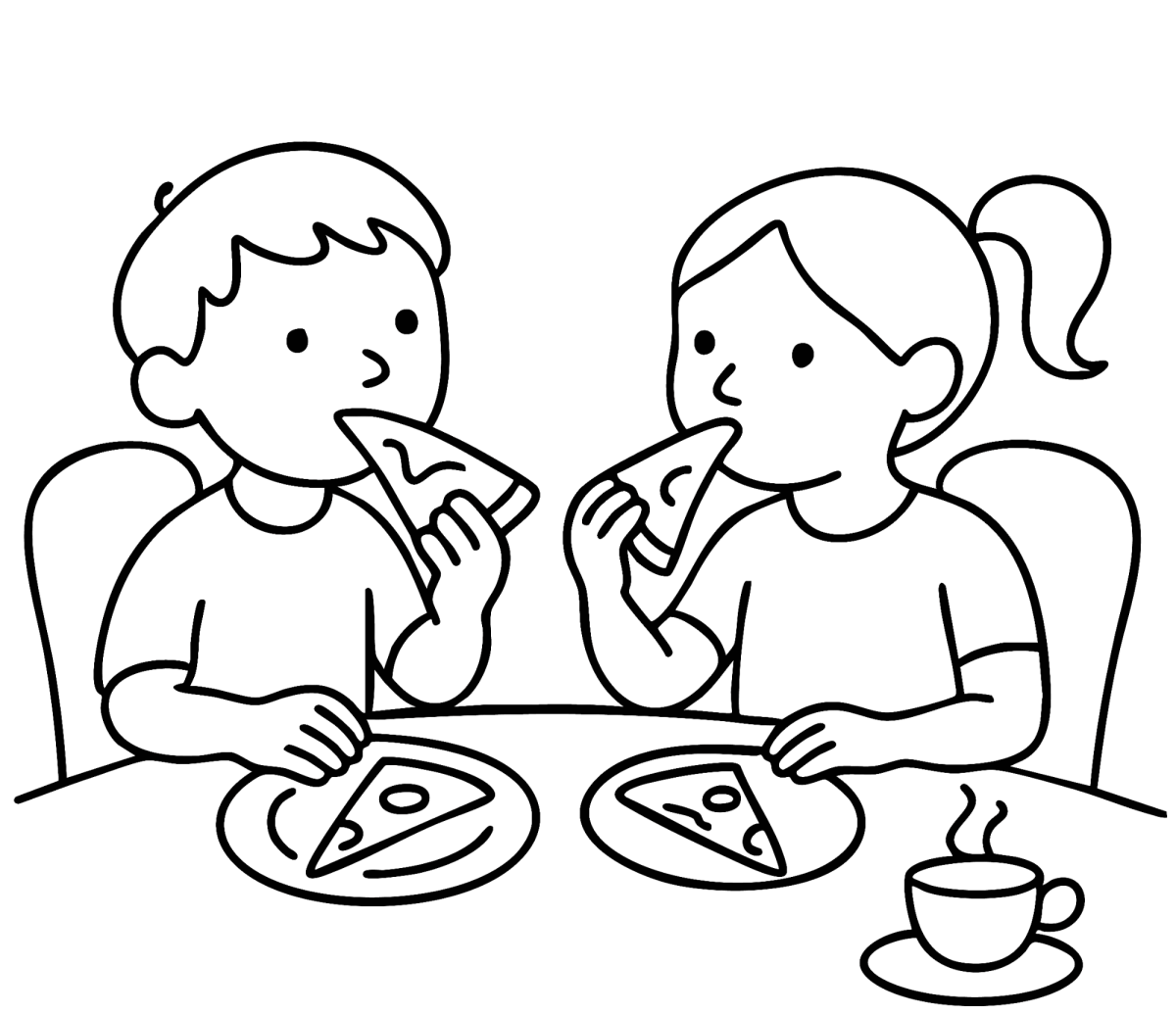 Crianças comendo pizza na mesa para colorir