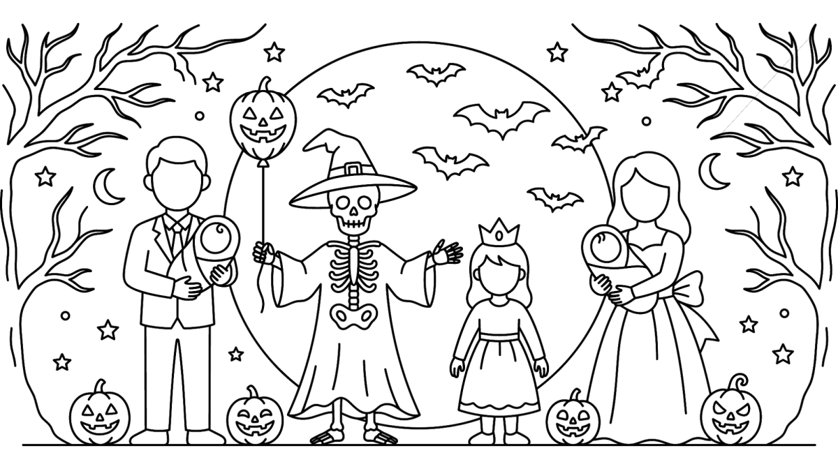 Crianças fantasiadas na noite de Halloween para colorir
