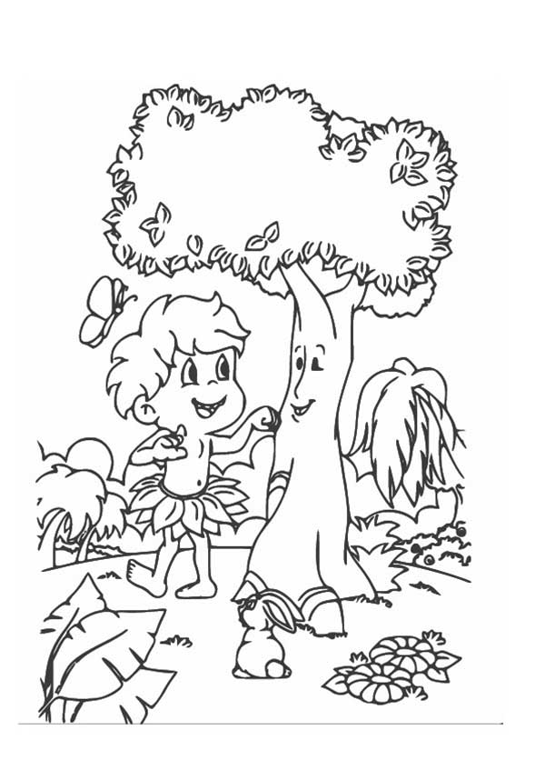 Curupira ao lado da árvore para colorir