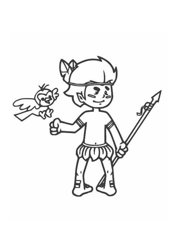 Curupira com o passarinho amigo para colorir