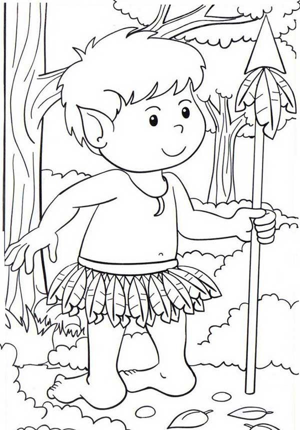Curupira de saia de folhas com a lança para colorir