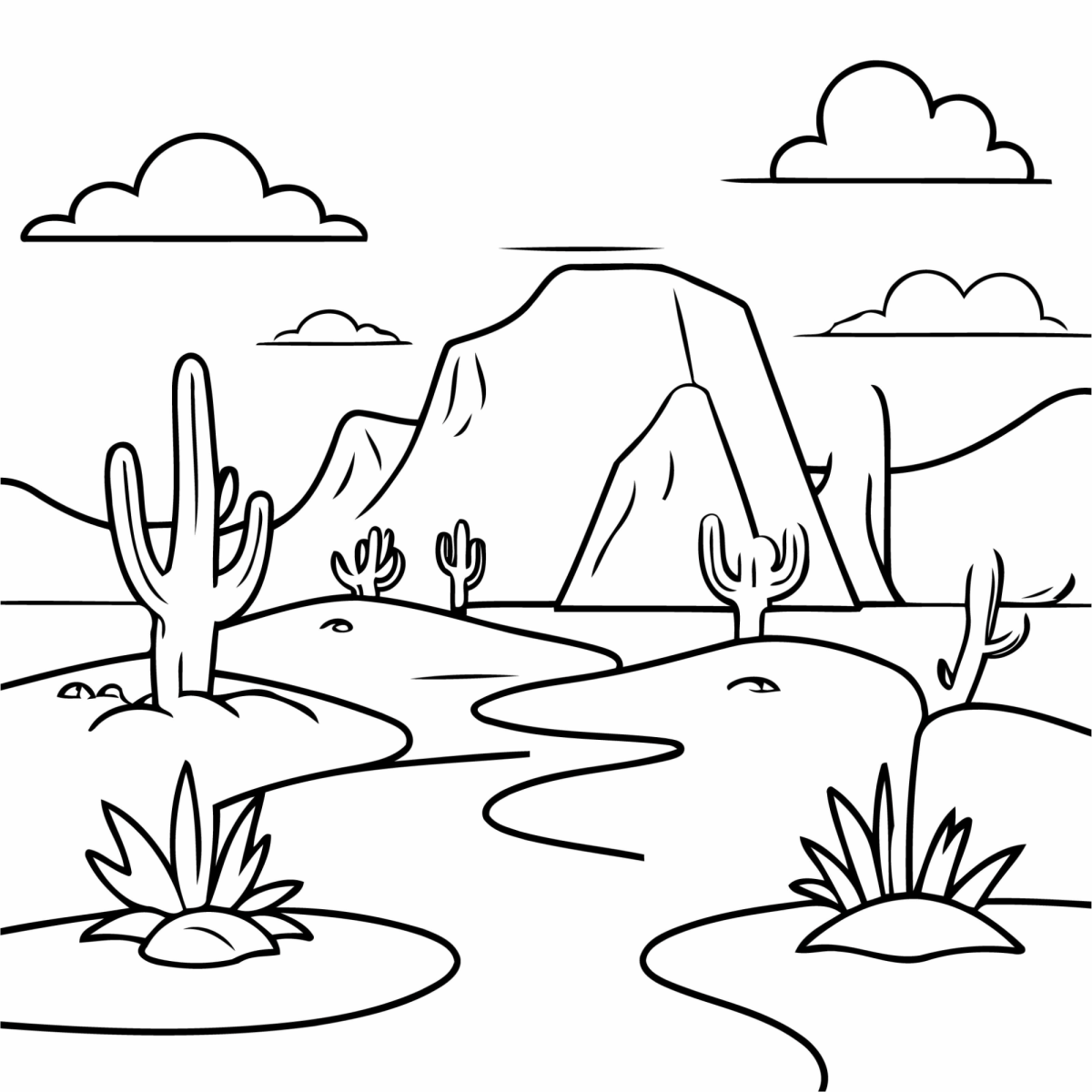 Deserto com cactos, rochas e nuvens para colorir