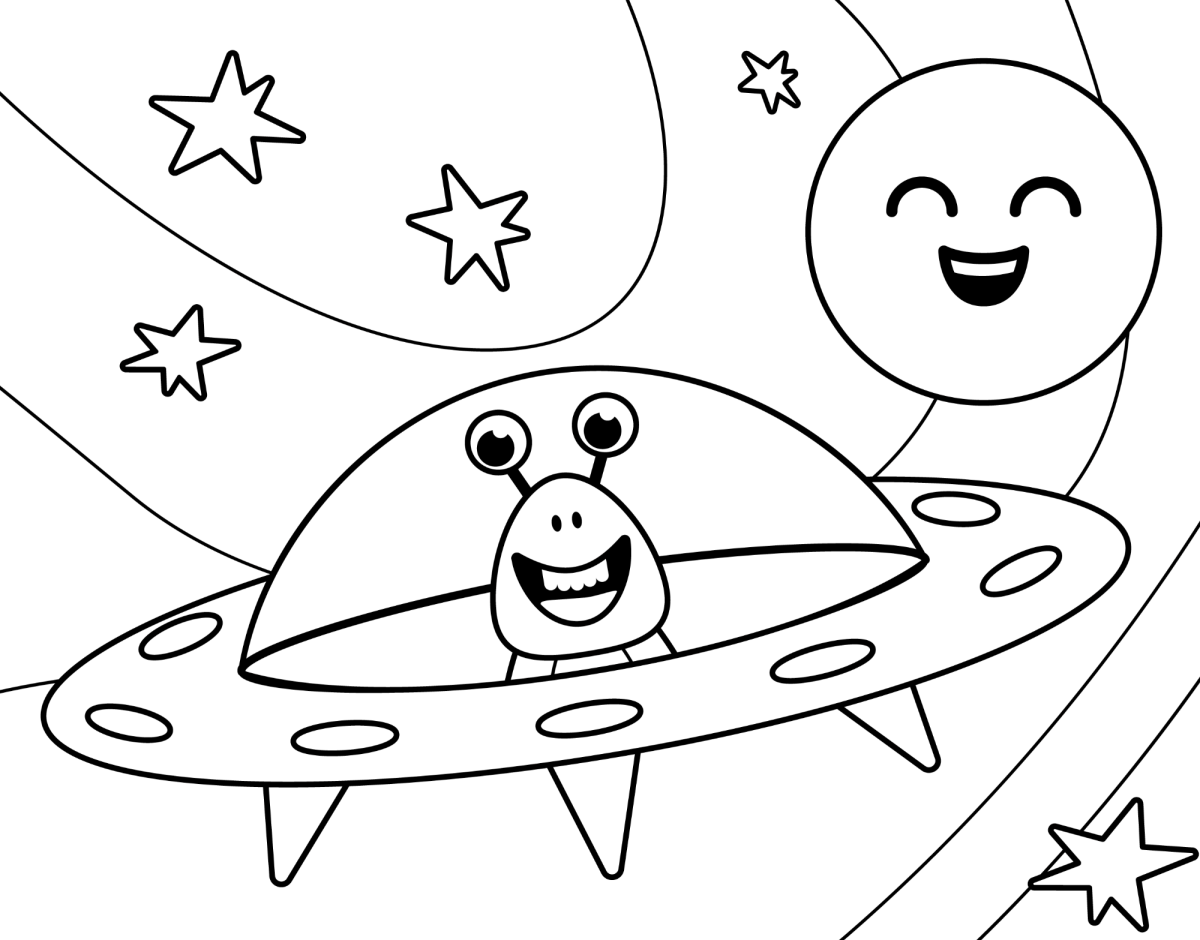Disco voador sorridente voando pelo espaço para colorir