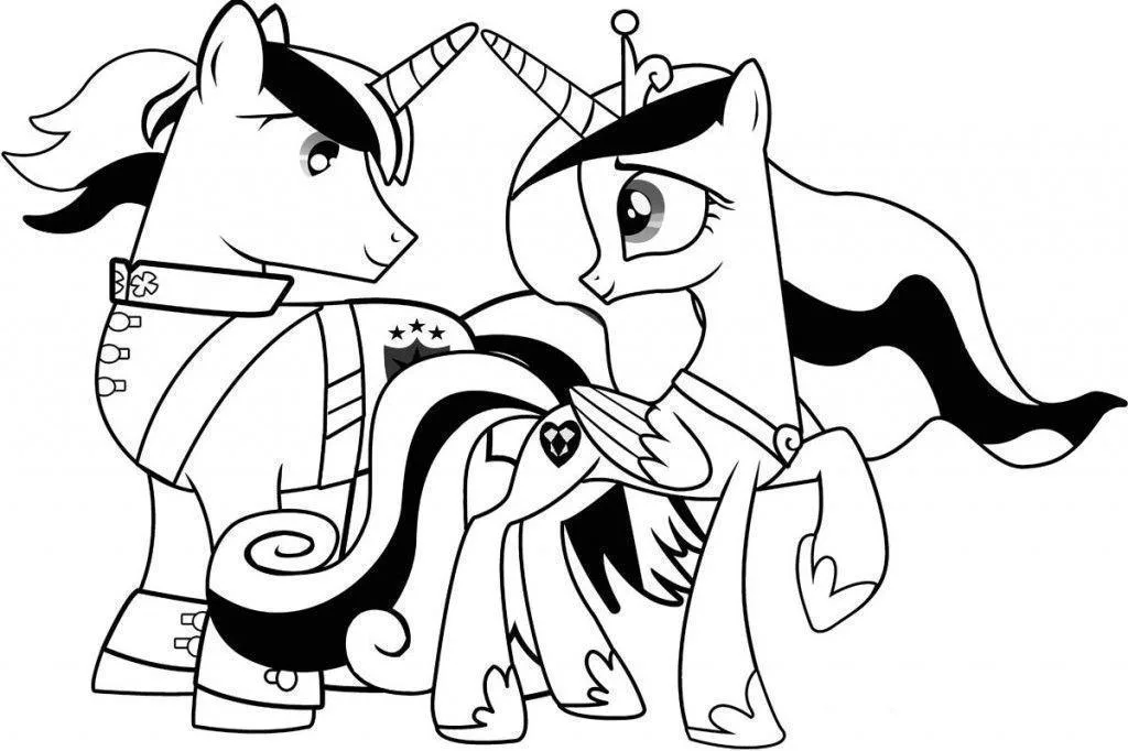 Dois pôneis de uniforme conversando para colorir