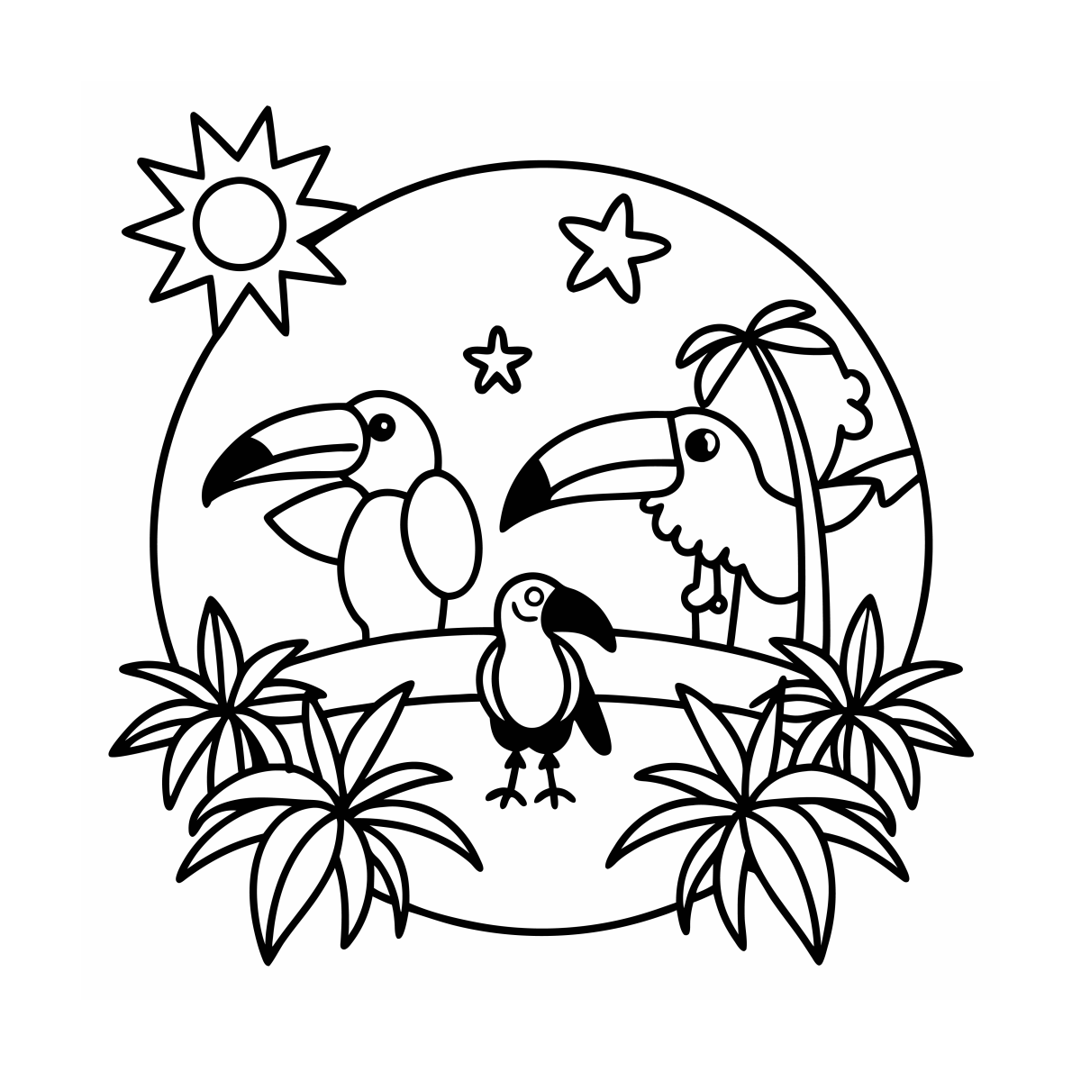Dois tucanos na floresta tropical com sol para colorir