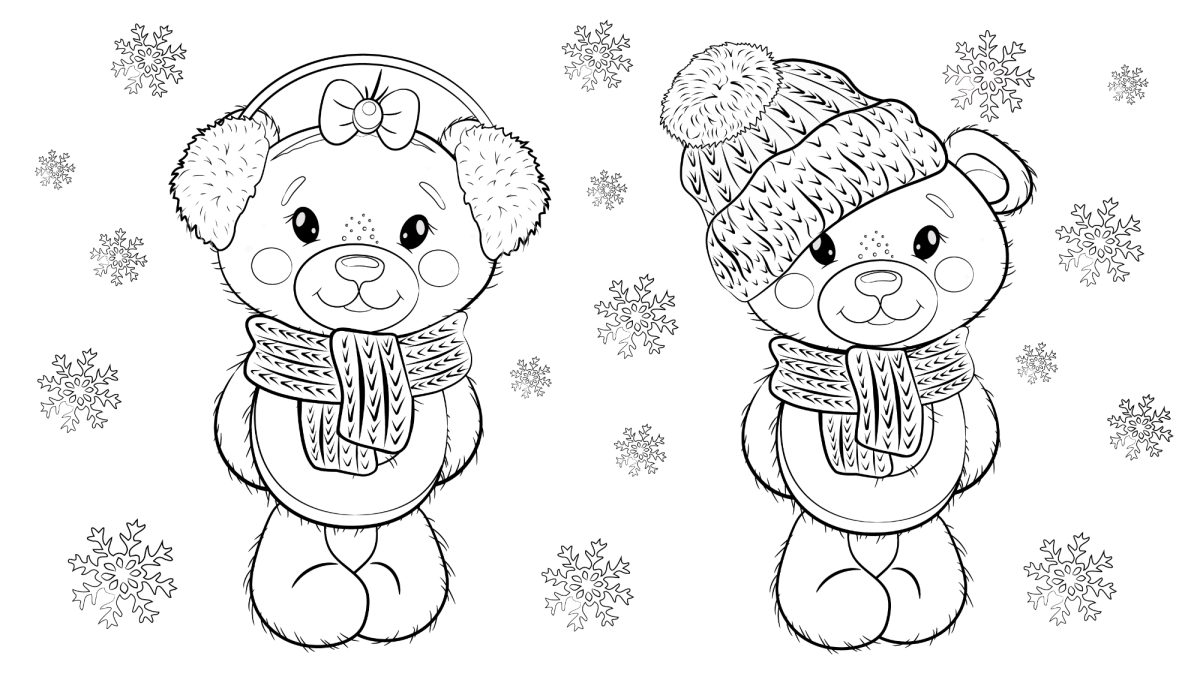Dois ursinhos polares de touca na neve para colorir