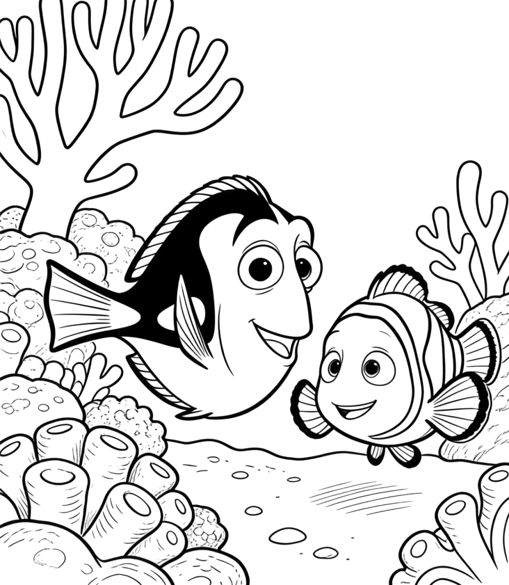 Dory e Marlin entre os corais para colorir