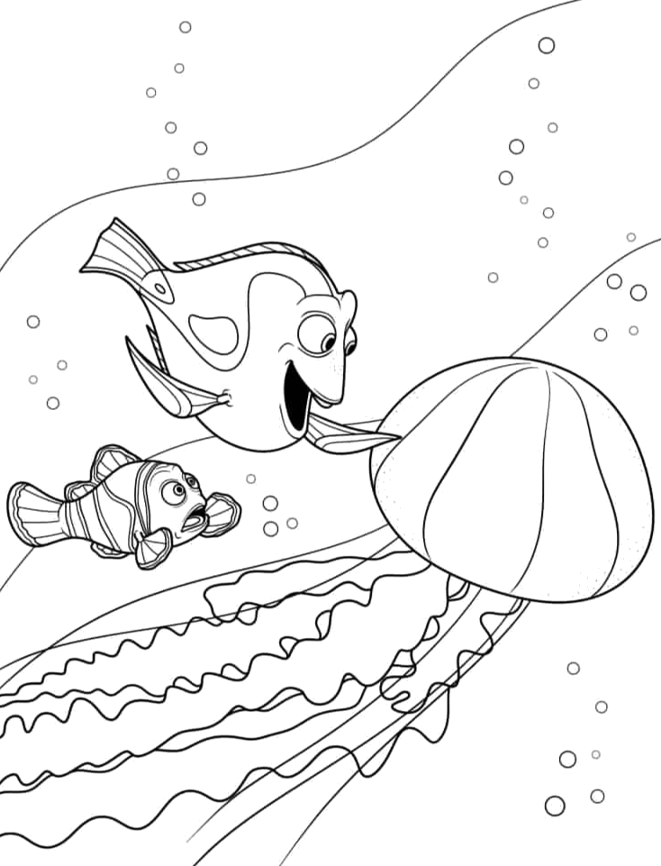 Dory e Nemo nadando entre as águas-vivas para colorir