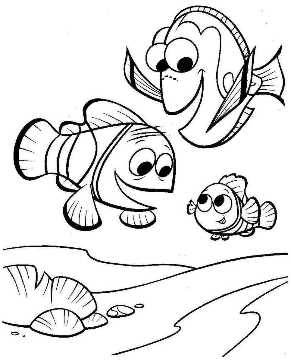 Dory, Marlin e Nemo juntos para colorir