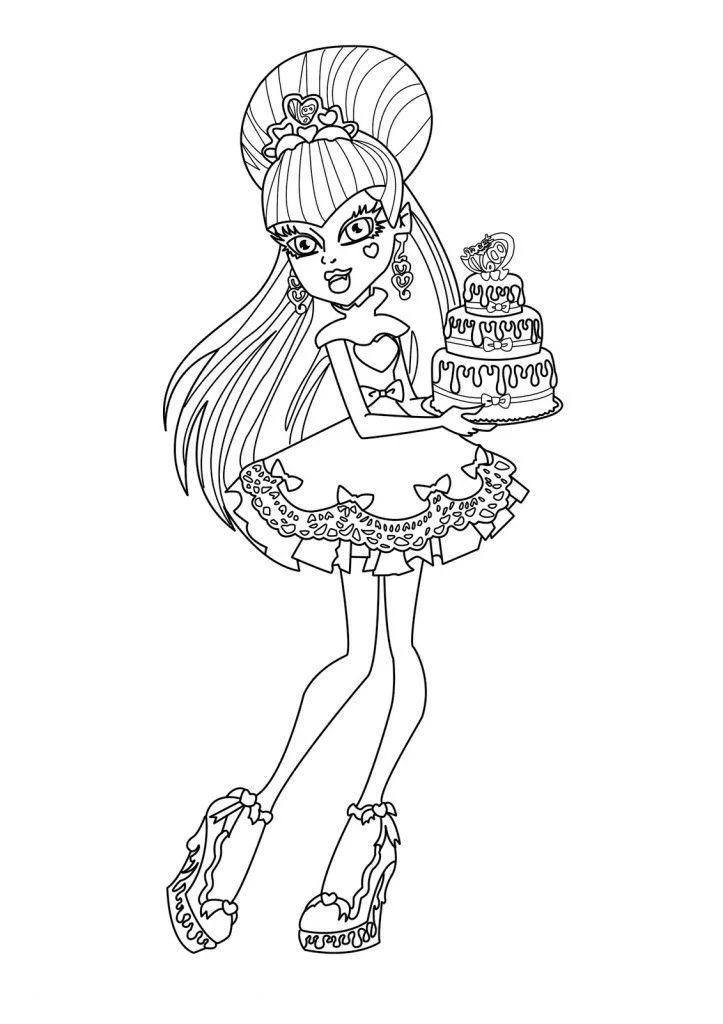 Draculaura segurando um bolo para colorir