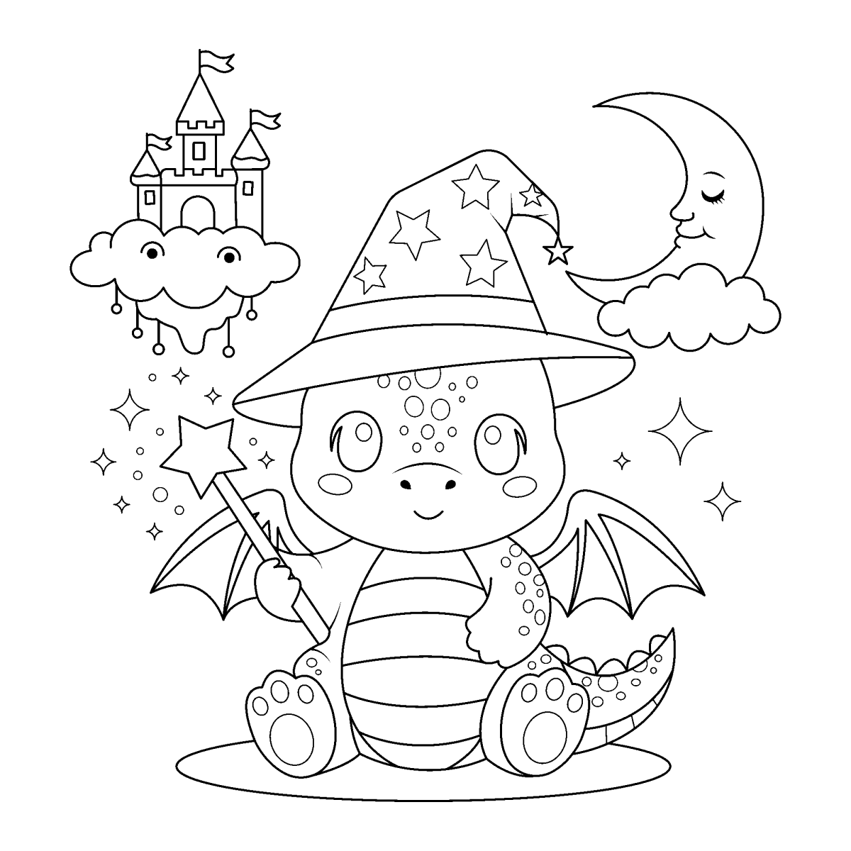 Dragãozinho mago com castelo e lua para colorir