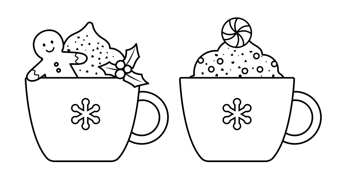Duas canecas de chocolate quente com marshmallows para colorir