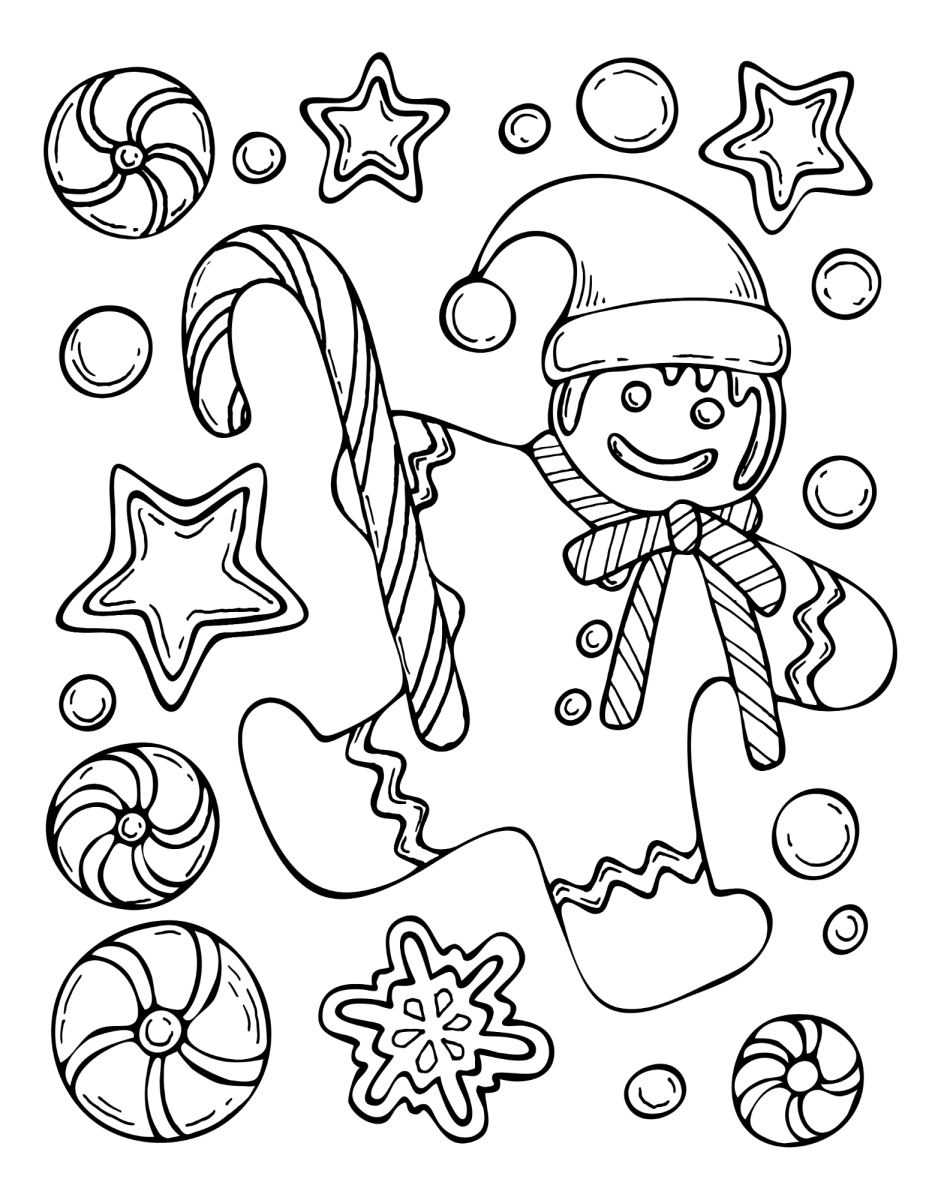 Duende abraçando um boneco de gengibre entre doces de Natal para colorir