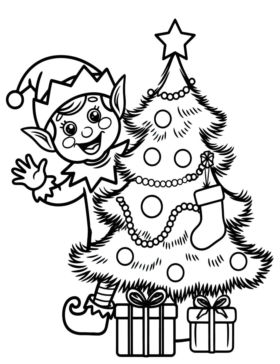 Duende acenando ao lado da árvore de Natal para colorir