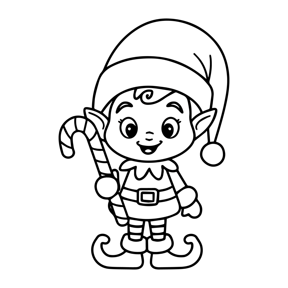Duende com bengala doce e sapatos de ponta para colorir