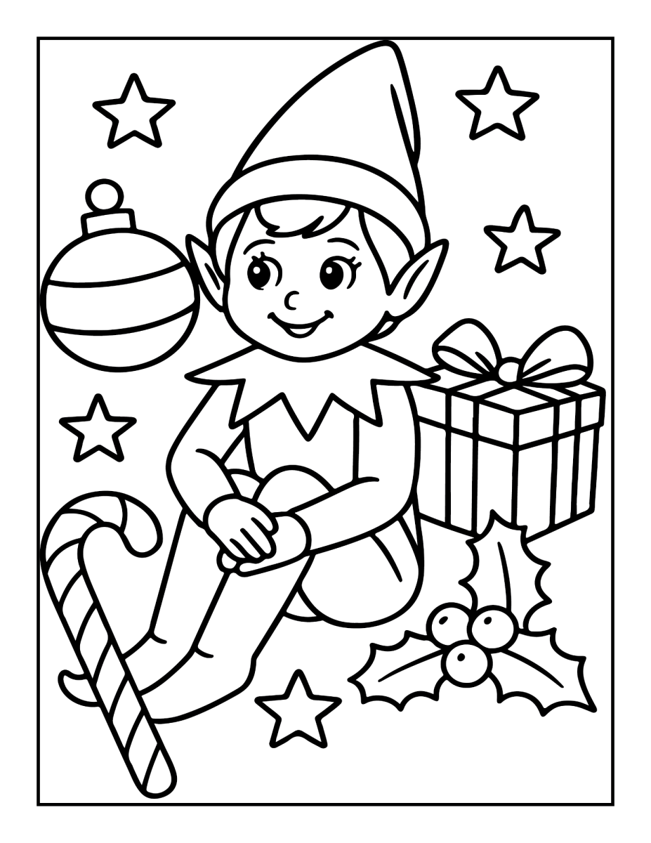 Duende com bola de Natal e bengala doce para colorir