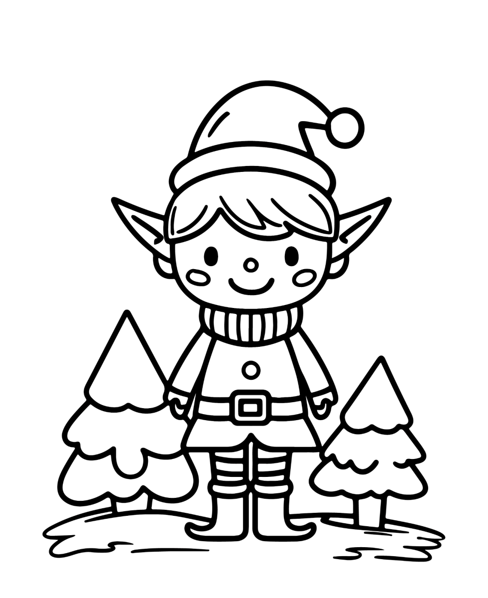 Duende entre pinheiros nevados para colorir