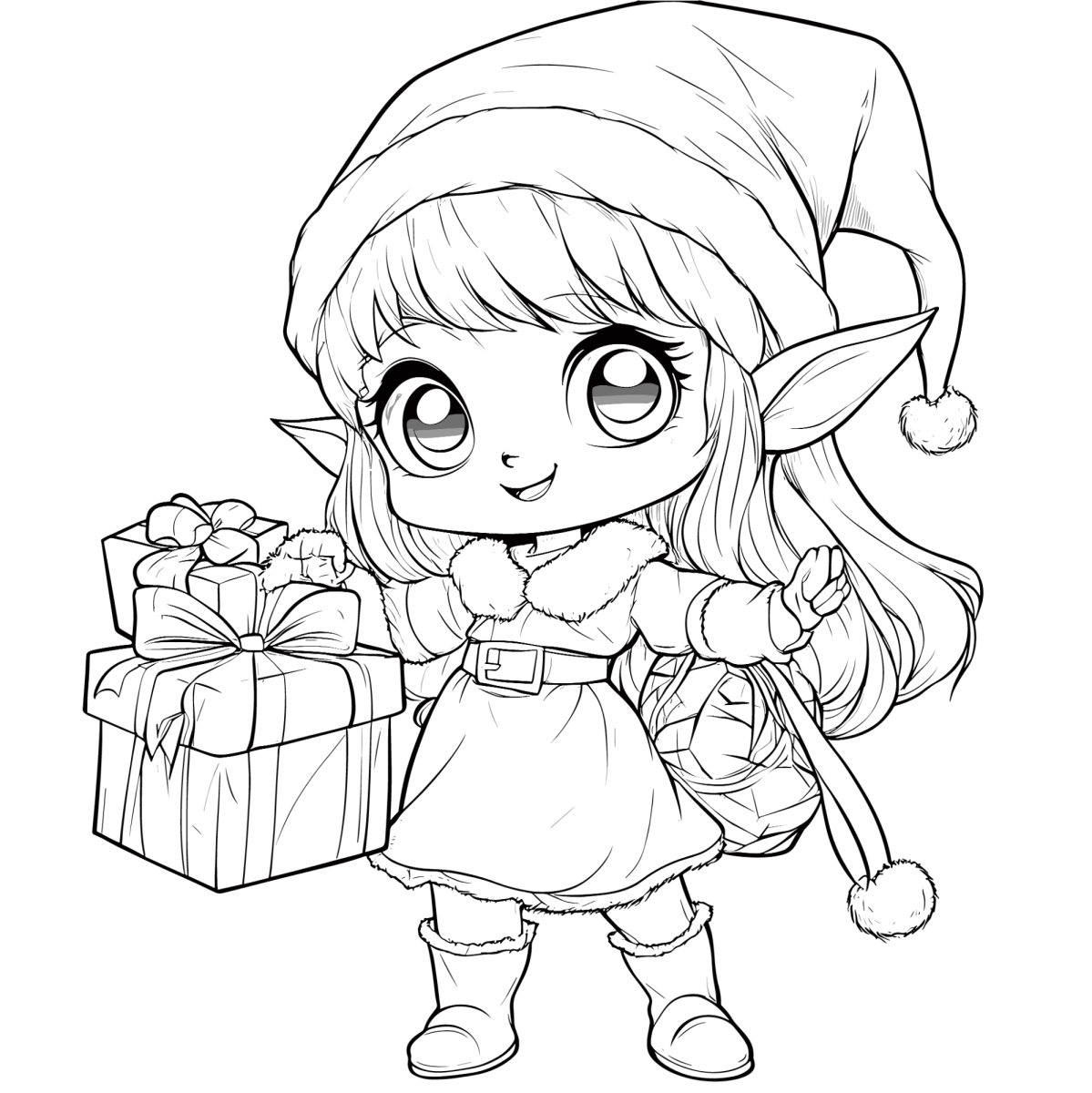 Duende menina com pilha de presentes para colorir