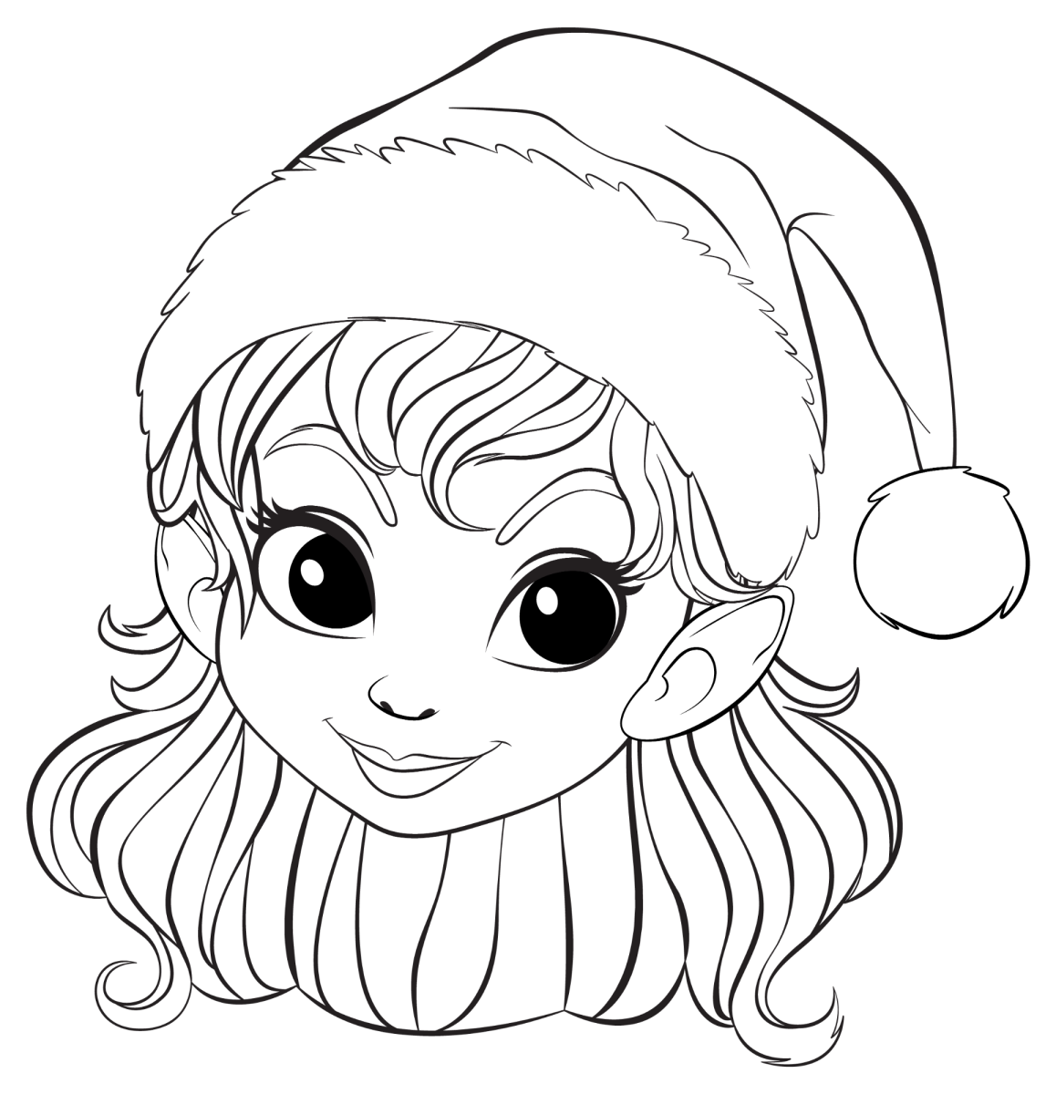 Duende menina de cabelos longos e gorro para colorir