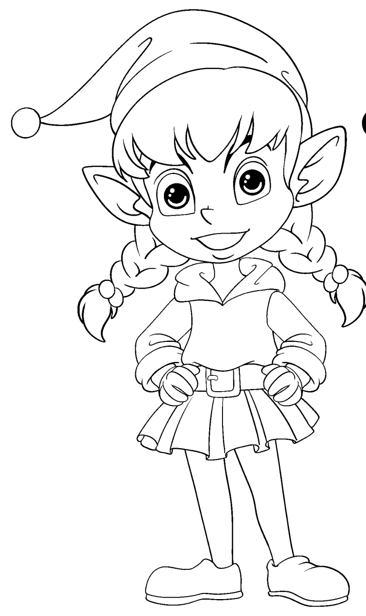 Duende menina de tranças para colorir