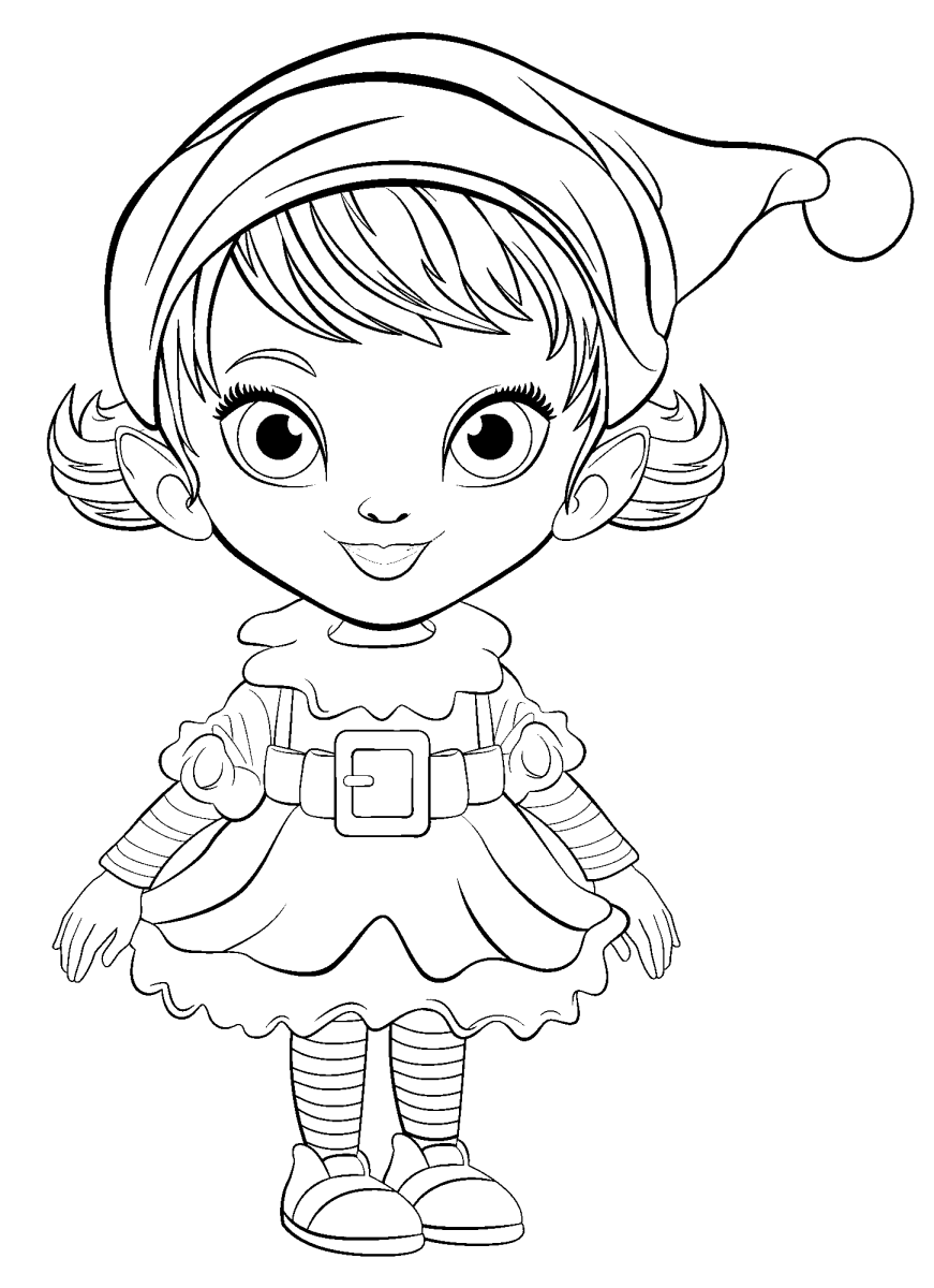 Duende menina de vestido rodado para colorir