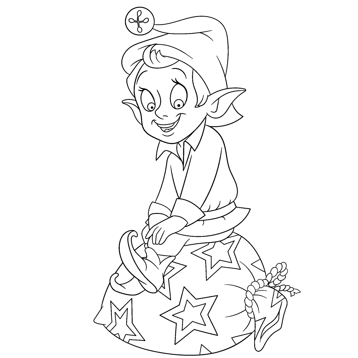 Duende sentado sobre uma estrela para colorir