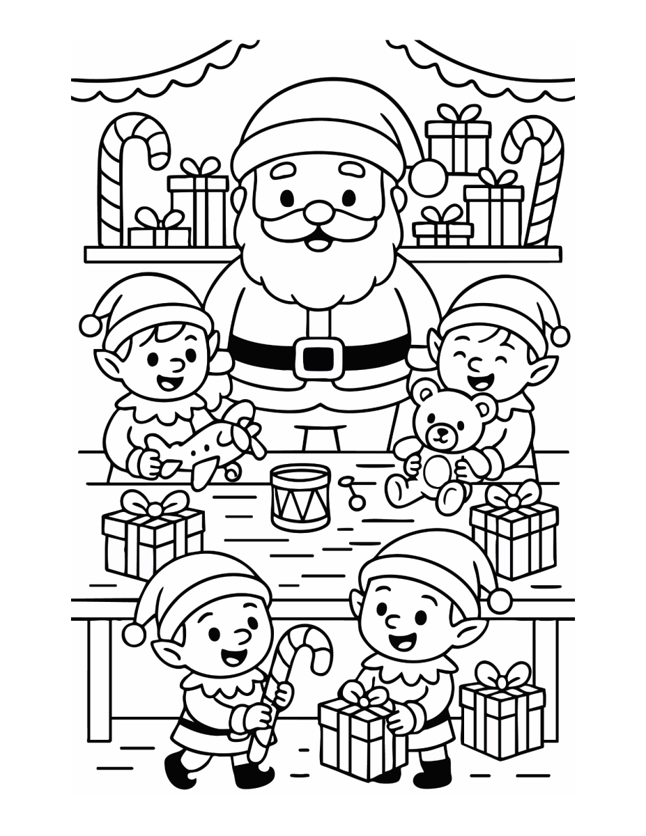Duendes trabalhando na oficina do Papai Noel para colorir